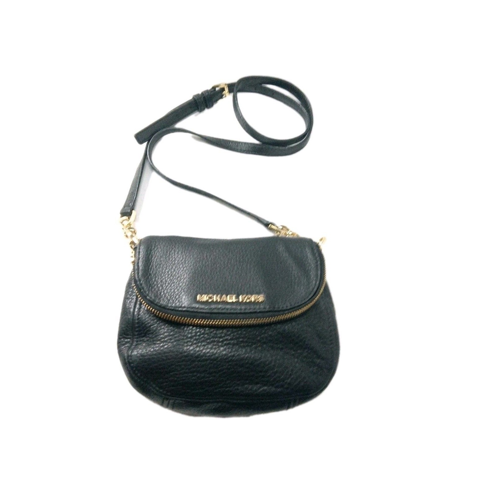 Michael Kors Bedford Flap Crossbody Bag Black Pebbled Leather Purse